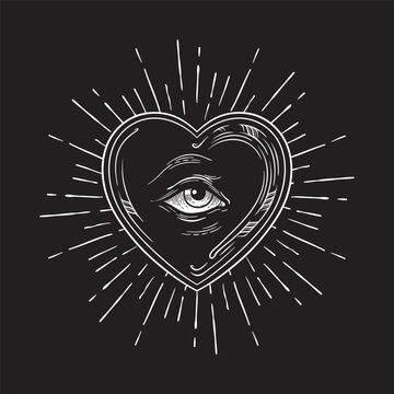 All seeing eye of God in sacred heart with rays of light sunburst hand drawn isolated vector illustration. Black work, flash tattoo or print design