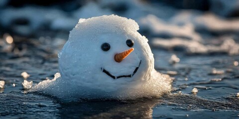 Small snowman melting on ice during warm winter day