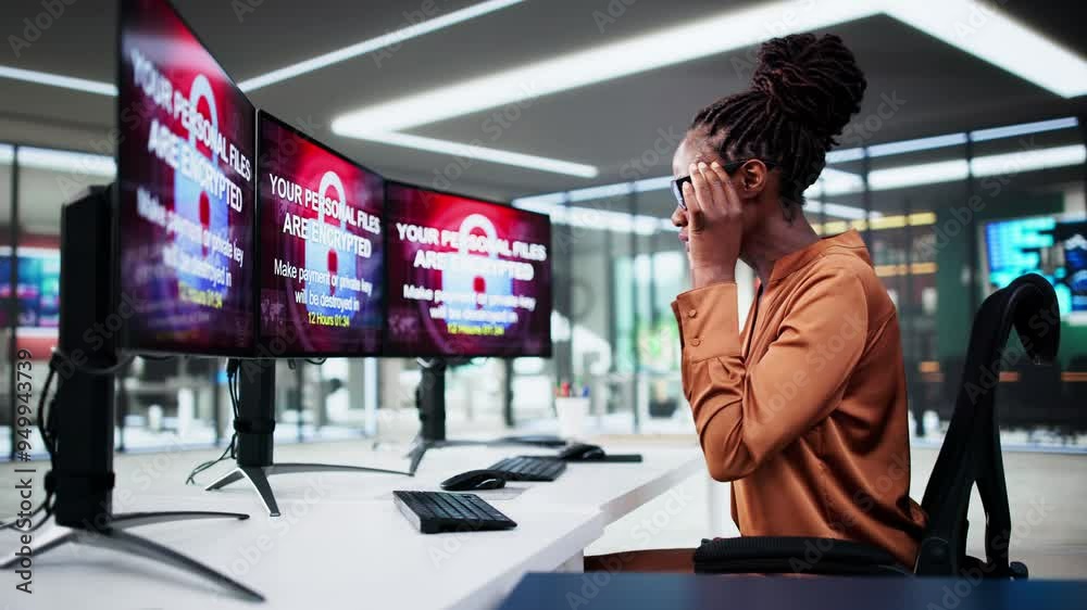 Poster ransomware malware attack and breach. business computer hacked