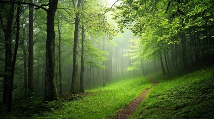 Obraz premium A misty green forest in the early morning, quiet and peaceful