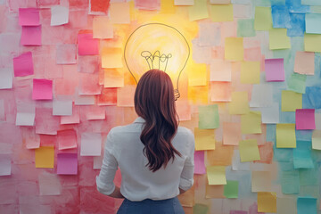 Femme d'affaires face à une ampoule lumineuse, En recherche d'idées. Arrière-plan pastel de notes adhésives, évoquant un processus créatif doux et inspirant dans un cadre professionnel.