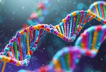 3D rendering of a DNA double helix with colorful, interactive base pairs for educational purposes.