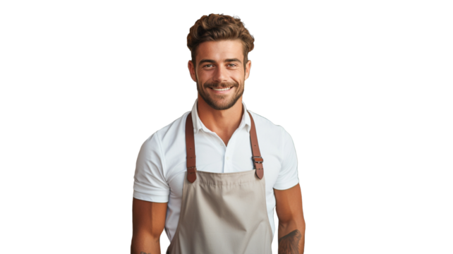 Smiling barista in apron standing isolated on transparent background PNG.