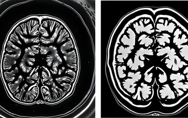 side-by-side comparisons of a normal and a pathological MRI scan of the brain.