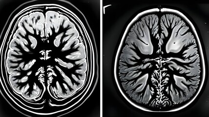 side-by-side comparisons of a normal and a pathological MRI scan of the brain.