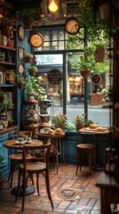 A cozy Parisian café with plants, wooden furniture, and warm lighting, ideal for enjoying coffee and pastries.