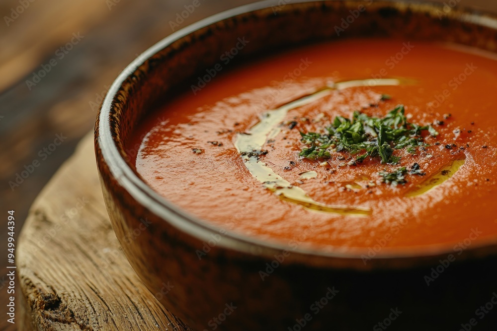 Sticker Close-up of a bowl of tomato soup with herbs and olive oil