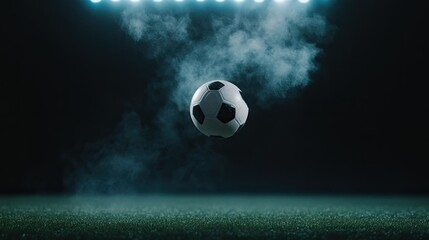 A soccer ball soars towards the camera, stirring up dust and smoke on a grassy field with bright stadium lights shining in the background during an evening match