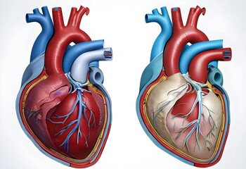 a layered diagram of the human heart, showing both the exterior and interior structures in detail.