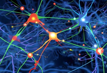 the firing patterns of neurons in the brain, using color-coded synaptic connections and electrical impulses.