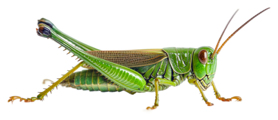 Green grasshopper resting on a white surface isolated on transparent background