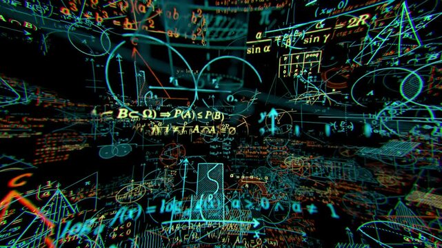 Suspended mathematical equations and symbols surround the camera as it moves, showcasing the complexity of math with a shallow depth of field, blurring the front and back.