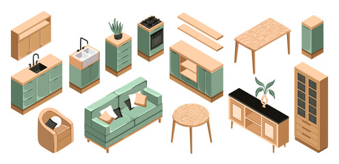 Isometric furniture for kitchen and living room interior. Sofa, armchair, wardrobes, and tables. Perfect for interior mood boards and planning sketches. Vector.