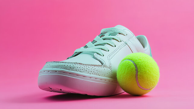 A padel sport shoe and a tennis ball set against a pink background.