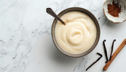 Creamy vanilla pudding in a bowl on white marble background.