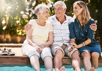 Happy, family and hug at pool in portrait together for bonding, reunion and support in retirement ....