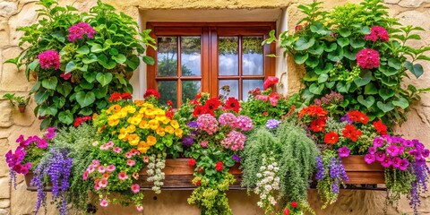 Fototapeta premium A beautifully decorated window box overflows with vibrant flowers, lush greenery, and delicate vines, set against a soft, neutral background with subtle texture and lighting.