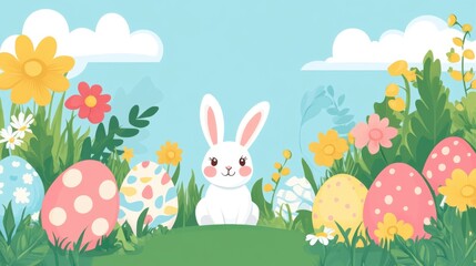 Fototapeta premium A cheerful bunny surrounded by colorful Easter eggs and blooming flowers in a vibrant spring landscape.