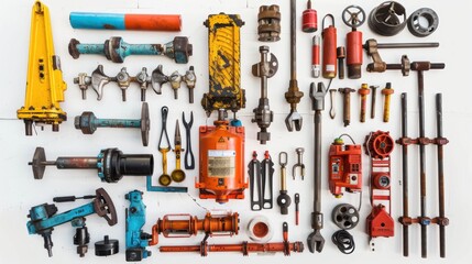 Fototapeta premium Collection of various rusty tools laying on a white surface