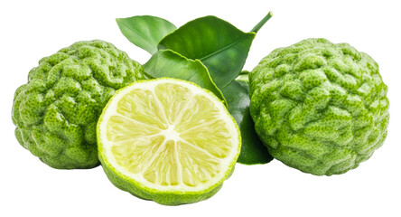 Fototapeta premium Freshly cut bergamot fruit with leaves isolated on transparent background