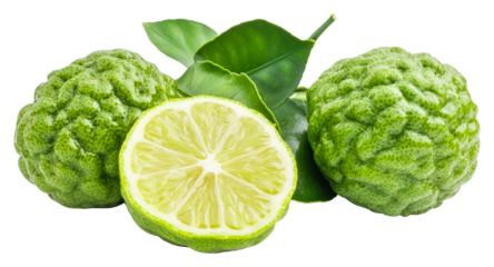 Freshly cut bergamot fruit with leaves isolated on transparent background