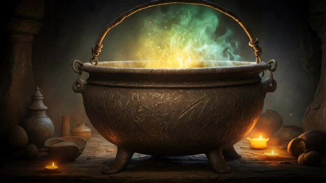 A sorcerer's cauldron boiling a potion