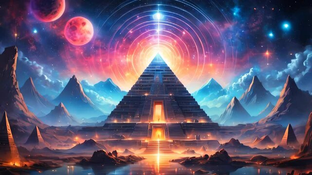 An esoteric pyramid under a starry night sky. Hermetic and ancient wisdom concept.