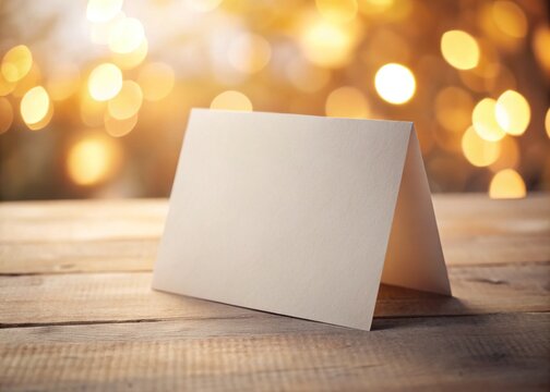 A blank, folded, and layered paper card with a subtle texture, awaiting customization, rests against a soft, blurred background with gentle, warm lighting.