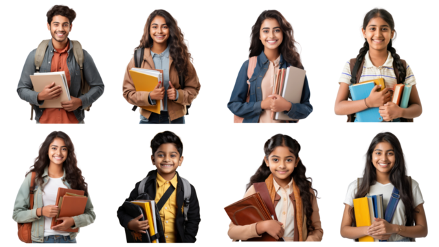 South Asian student portrait png element set, transparent background