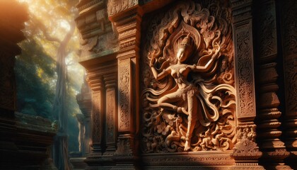 Fototapeta premium Ancient Thai golden sculpture angel carving on church door, intricate detail, Buddhist religion art