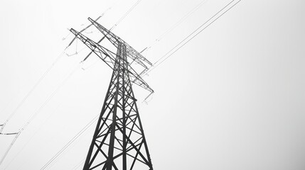 High voltage power lines towering into cloudy sky