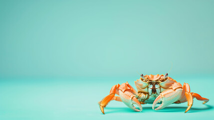 Fototapeta premium A vibrant crab with orange claws rests on a blue background, showcasing its unique texture and features in a calm setting