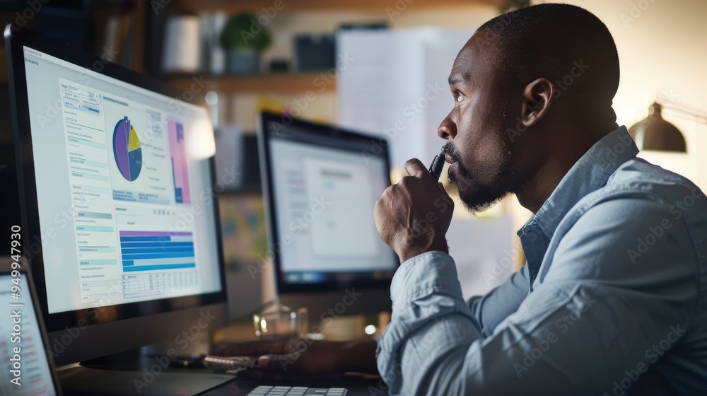 Wall mural data analyst is thinking about the information displayed on his computer screen