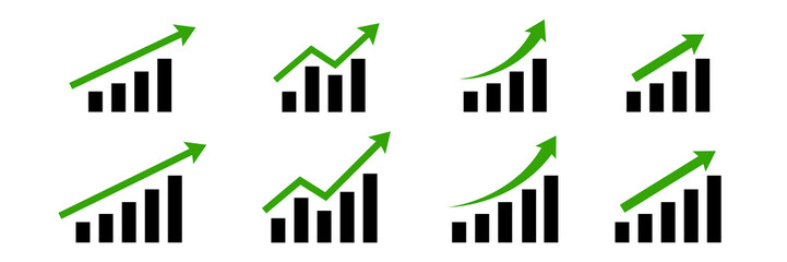 Graphic rise. Chart graph growth icon. Stock increase vector set.