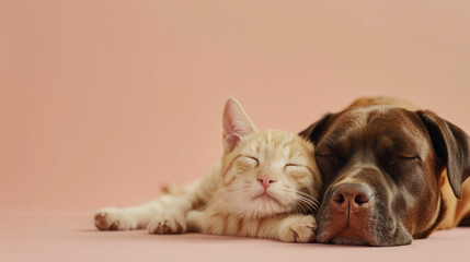 A cat and dog peacefully sleeping together on a soft pink background in a cozy indoor setting during the afternoon
