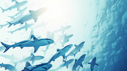 A school of sharks swimming gracefully in clear ocean waters during daylight hours