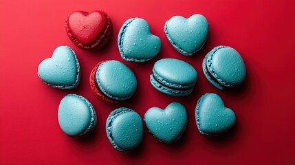 Fototapeta premium French sweet blue heart macaroons isolated on red background. Pastry shop card with copy spacefrench macaroons,Paris Pastry,bakery and branding valentine couple concept,copy space.