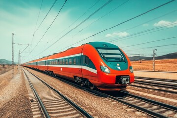 Obraz premium A Red Passenger Train Moving on a Rail Track