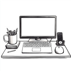 Fototapeta premium The working office vector icon on background with different working equipment items commuter, desk and notebook 