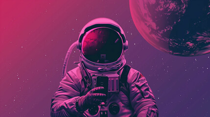 An astronaut takes a selfie in space with a vibrant cosmic background showcasing a distant planet