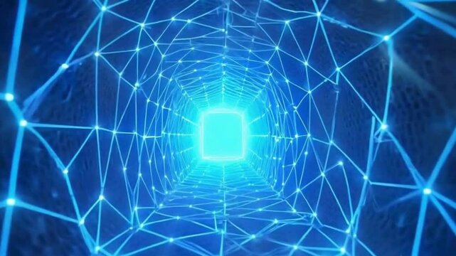 Exploring the digital tunnel of connected networks and glowing nodes, 4k video