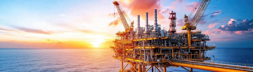 Offshore Oil Rig at Sunset: A majestic oil rig stands tall against a breathtaking sunset, showcasing the power and scale of the energy industry. The image captures the raw beauty of the ocean