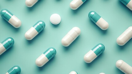 White and blue capsules on blue background,Medicines to combat the epidemic and viruses,tablet grid,Drug, tablet, pills,Global healthcare concept. Antibiotics drug resistance,Pharmaceutical industry.