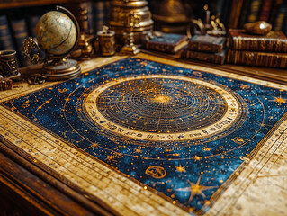 An intimate astrology consultation with detailed natal charts, zodiac symbols, and celestial-themed decor, perfect for astrology-related content.
