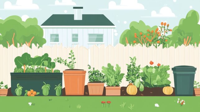 A vibrant backyard garden with various plants and vegetables in colorful pots, perfect for gardening enthusiasts and home decor.