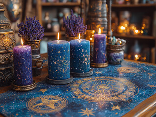 An intimate astrology consultation with detailed natal charts, zodiac symbols, and celestial-themed decor, perfect for astrology-related content.