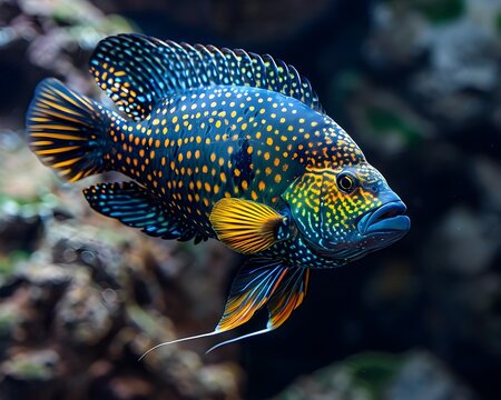Bold Iridescent Jack Dempsey Cichlid Patrolling Ornamental Fish Tank
