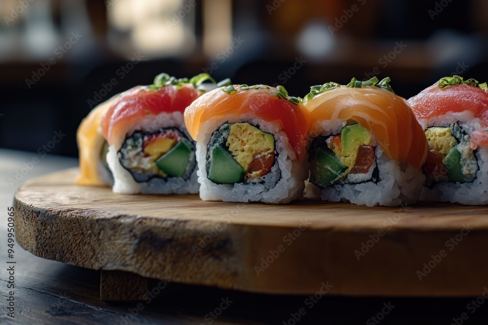 Wall mural Sushi Rolls on Wooden Platter