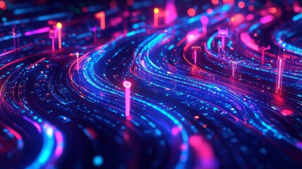 Data river symbolizes digital strategy, featuring tech elements and neon interconnectivity.