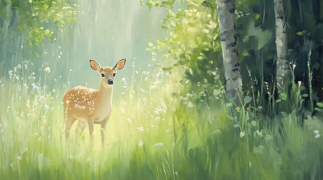 Fawn in the Sunlit Forest: A young fawn stands in a verdant forest, bathed in the golden light of the morning sun, a serene and enchanting sight of nature's beauty. 